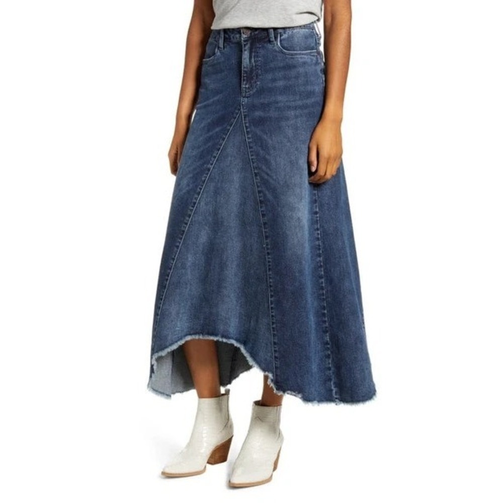 WL Wash Lab Skirt Size 30 Asymmetrical Long Frayed Hem Deep Blue Denim